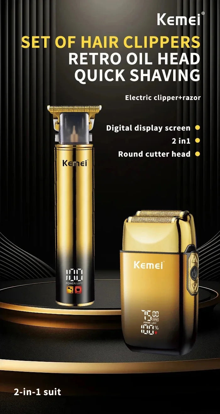 A set of Kemei retro oil head electric clippers and razor in gold packaging displayed on a dark surface.