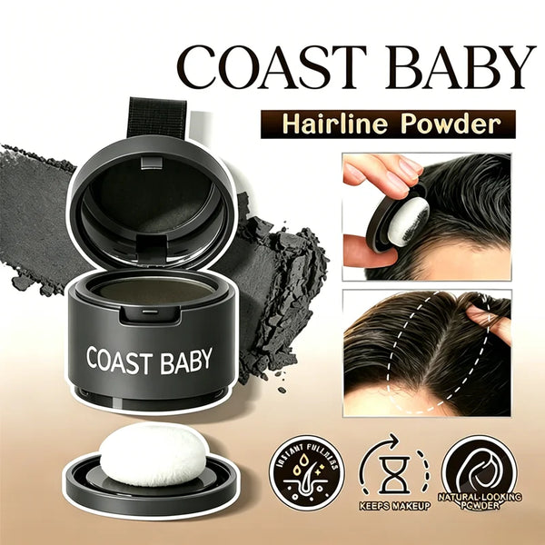 Produit de poudre capillaire Coast Baby Hairline avec pinceau d'application pour un fini naturel.