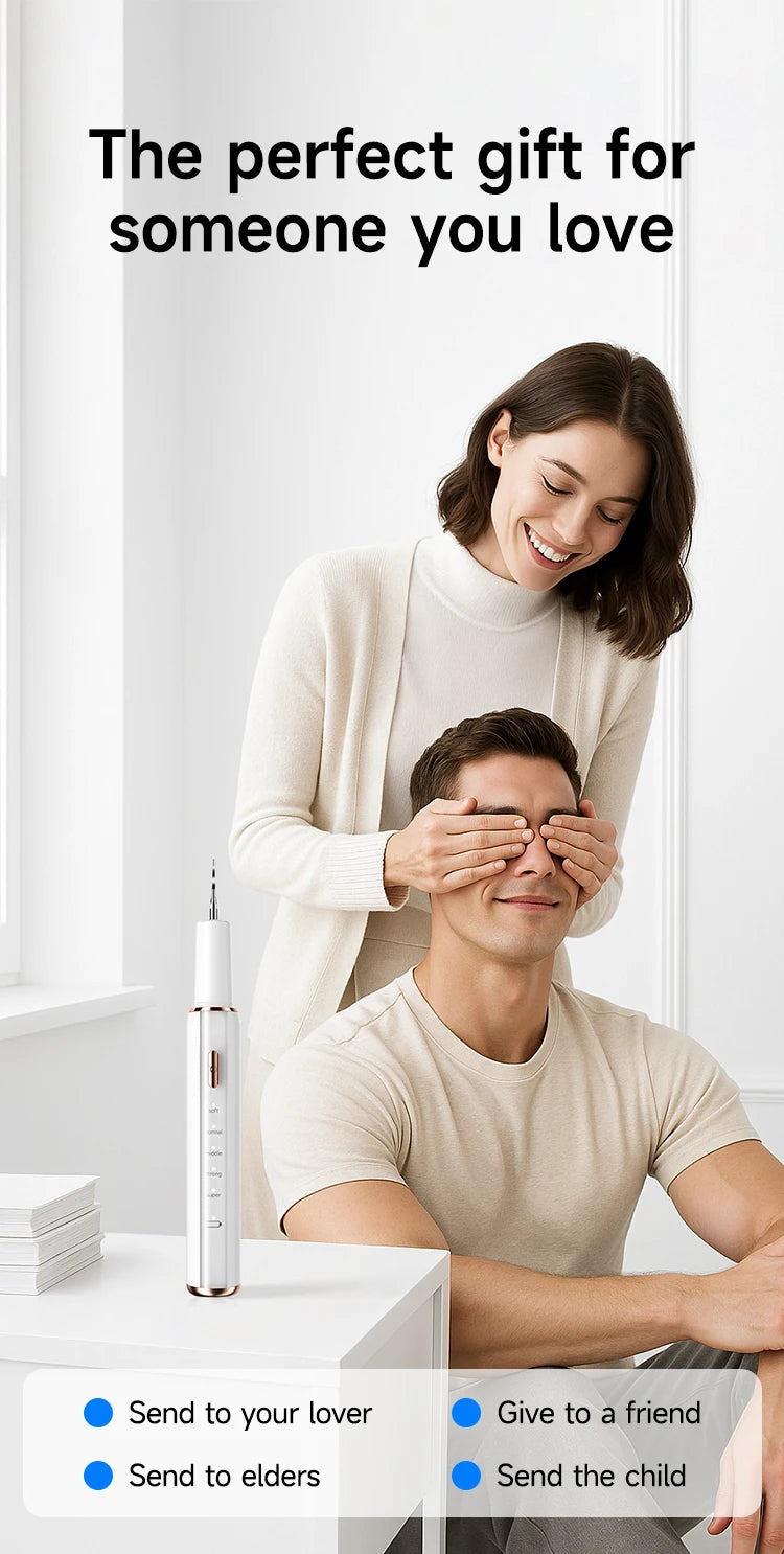 A woman is using a smart ultrasonic tooth cleaner on a man's face, demonstrating the product.