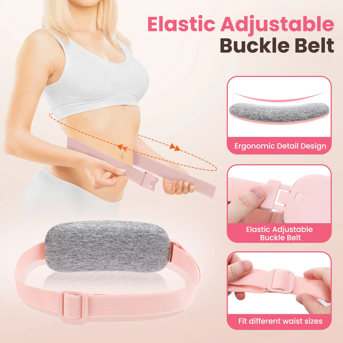 Pinker elastischer, verstellbarer Gürtel mit Schnalle zur P 기간linderung, gezeigt auf einem Model und im Detail