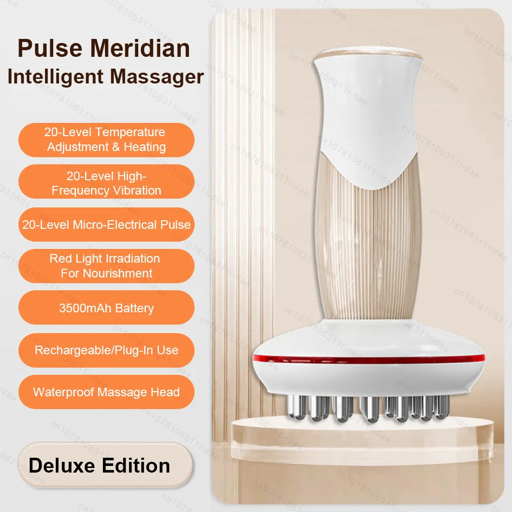 A white electric meridian massager device with a textured body and massage head resting on a wooden surface.