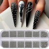 A collection of gold mixed stainless steel bead nail art decorations in various sizes and finishes.