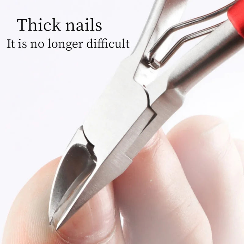 A hand holds professional toenail clippers with a curved sharp blade, demonstrating the ease of use for thick nails.