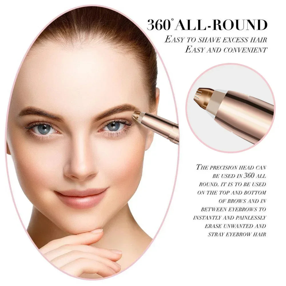 A close-up of a woman using a precision electric eyebrow trimmer to shape and remove stray hairs.