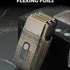 A close-up of a triple independent flexing foil hair trimmer in a gold and silver casing resting on a dark surface.