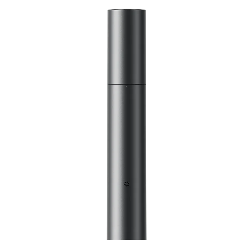 A sleek, cylindrical electric hair trimmer with a silver finish shown vertically against a black background.