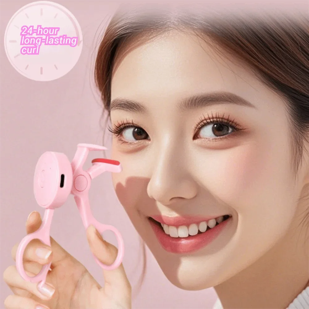 A woman is using a pink frameless heated eyelash curler for curling lashes.