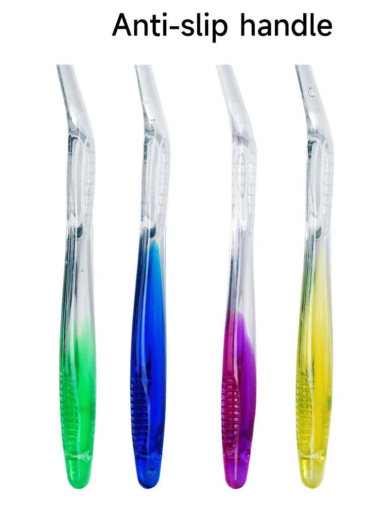 Un juego de mangos antideslizantes para cepillos de dientes en verde, azul, morado y amarillo.