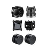 A set of black crystal magnetic stud earrings for men shown in various forms and angles.
