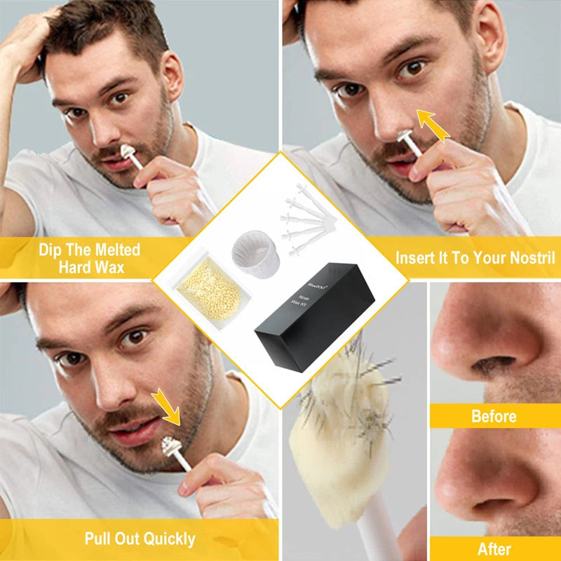 Demonstration of a painless nose hair removal kit showing before and after results.