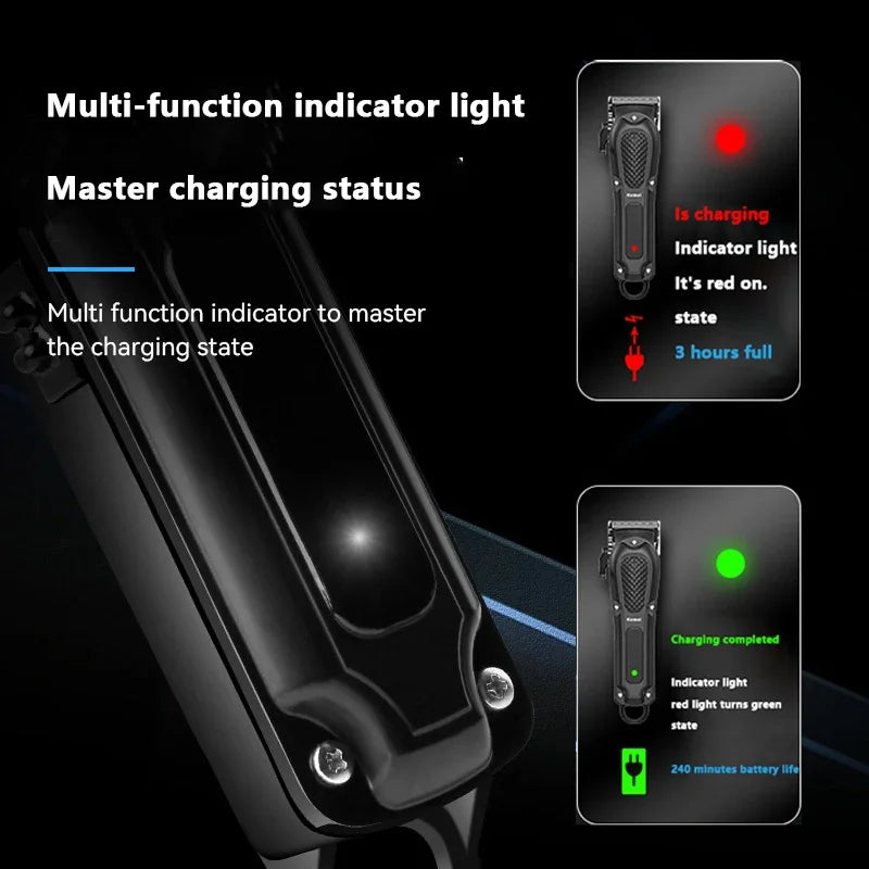 Diagram showing multi-function indicator lights for a professional rechargeable beard and hair trimmer, including charging st