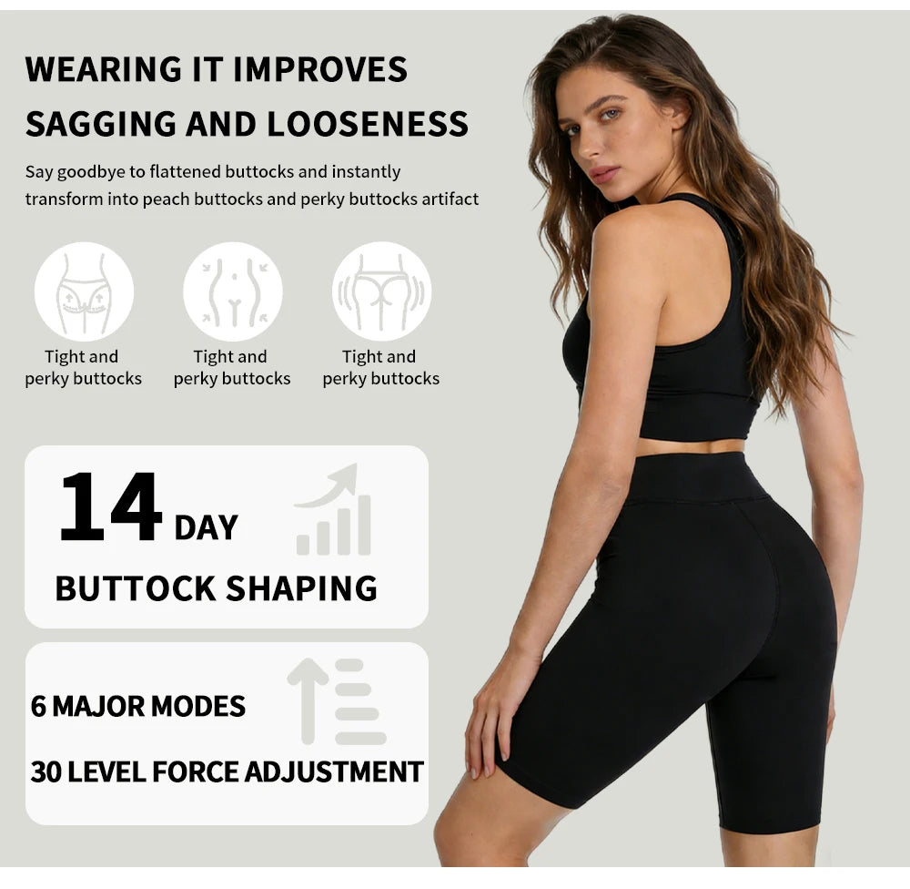 A woman models black EMS body shaper yoga pants, demonstrating their fit and shaping capabilities.