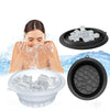 A woman is using a silicone foldable ice bath bowl for facial plunge, with ice cubes visible in the water.