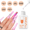 A bottle of Twoing Nail Glue with various benefits and pink press-on nails shown on a hand.