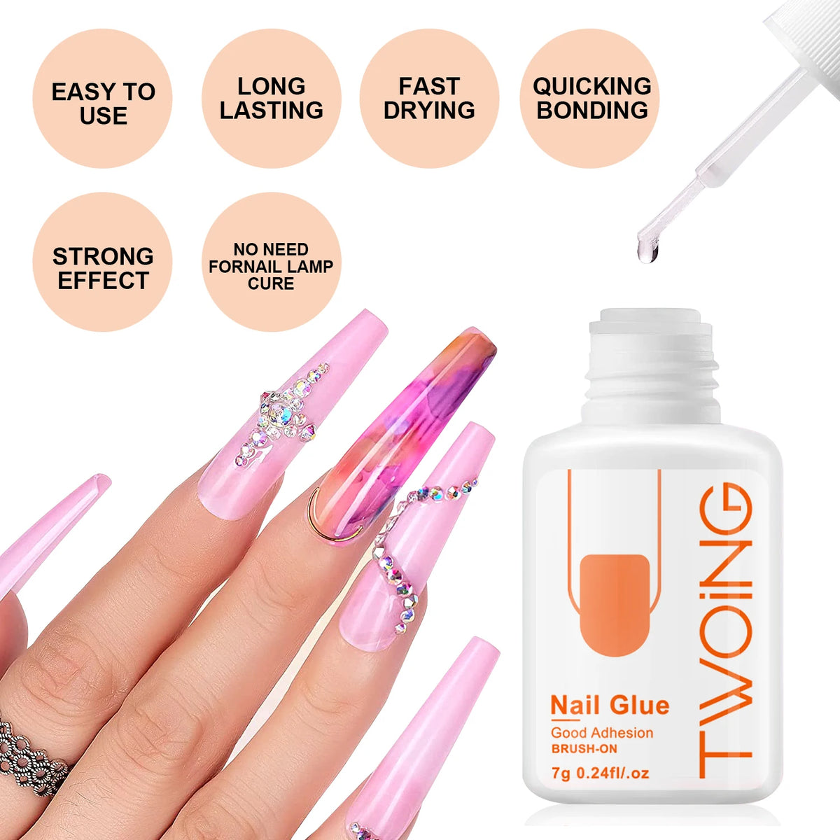 A bottle of Twoing Nail Glue with various benefits and pink press-on nails shown on a hand.