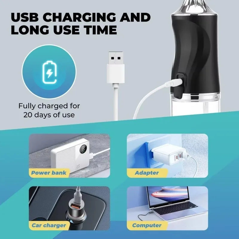 A portable USB rechargeable dental water flosser shown with various adapters and charging contexts.