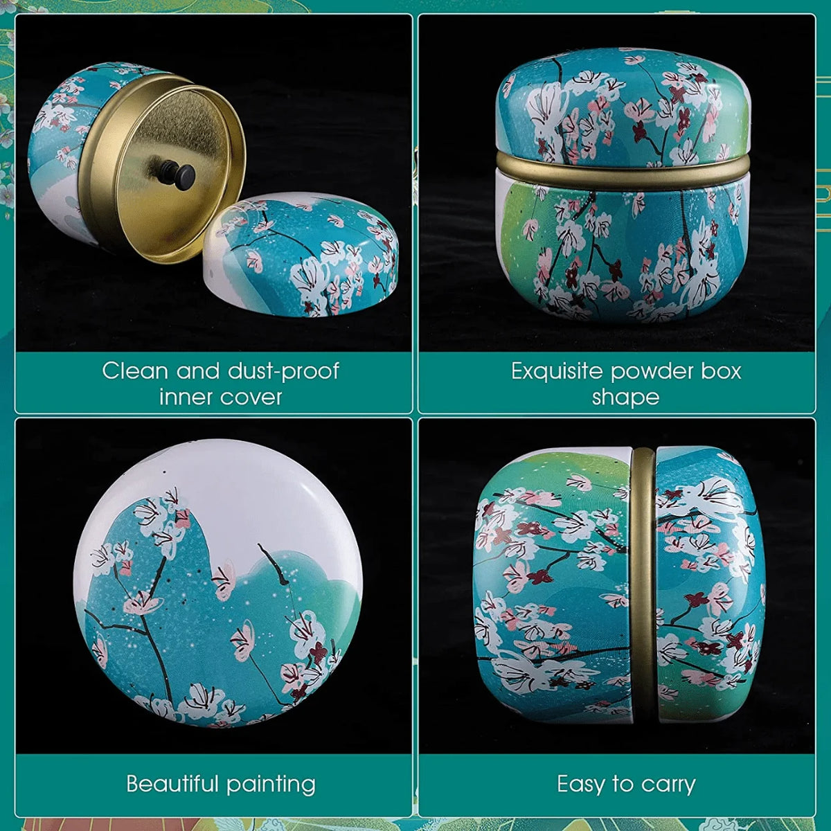 Pinceau de maquillage portable et boîte à poudre à motif floral bleu sarcelle et blanc, facile à transporter