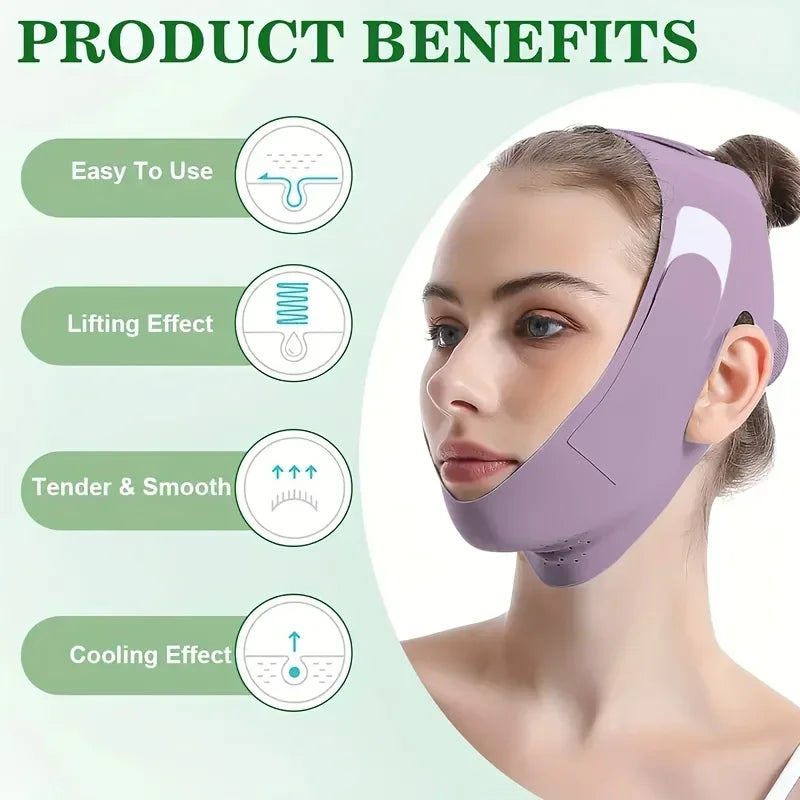 A purple graphene fiber face lift band is shown being worn on a woman's face, highlighting its benefits like easy use and coo