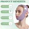 A purple graphene fiber face lift band is shown being worn on a woman's face, highlighting its benefits like easy use and coo