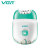 A white and teal rechargeable electric epilator device with a textured head is shown against a white background.