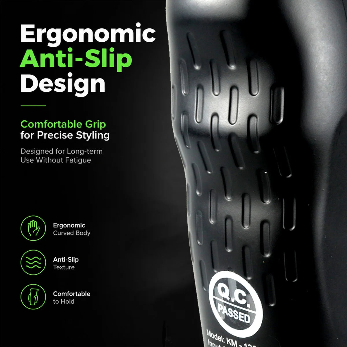 Close-up of a black electric hair trimmer featuring an ergonomic anti-slip design and textured grip.