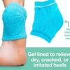 Un par de calcetines de tacón con revestimiento de gel azul brillante, vistos de perfil y vista superior.