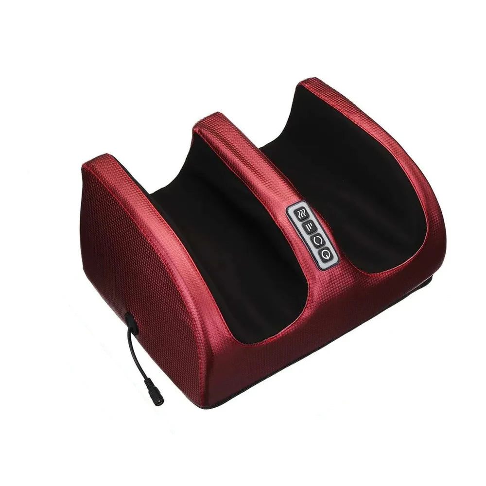 A deep red heated shiatsu foot massager with a black cushion shown from above.