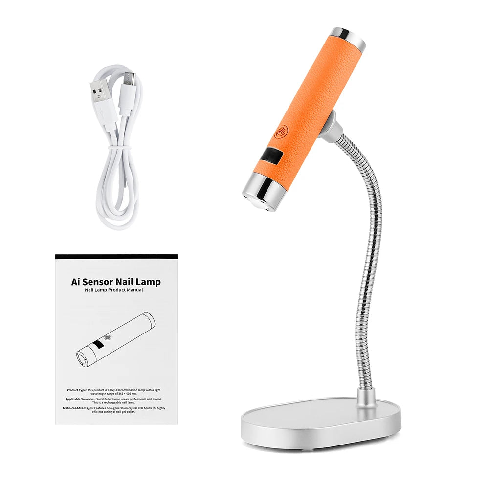An orange and silver portable dual-mode gel nail lamp with a coiled cord shown next to its manual.