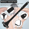 A black multi-layer silicone shaver razor is shown with various features like a hanger hole and internal metal strip.