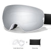 A white sports goggle is shown with an inside optical frame and a separate glasses bag.