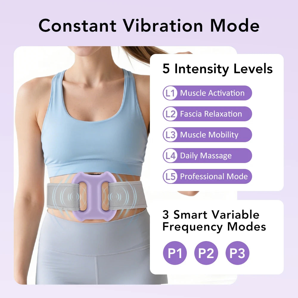 A woman is wearing a light blue body massage ring on her abdomen, demonstrating five intensity levels and three frequency mod
