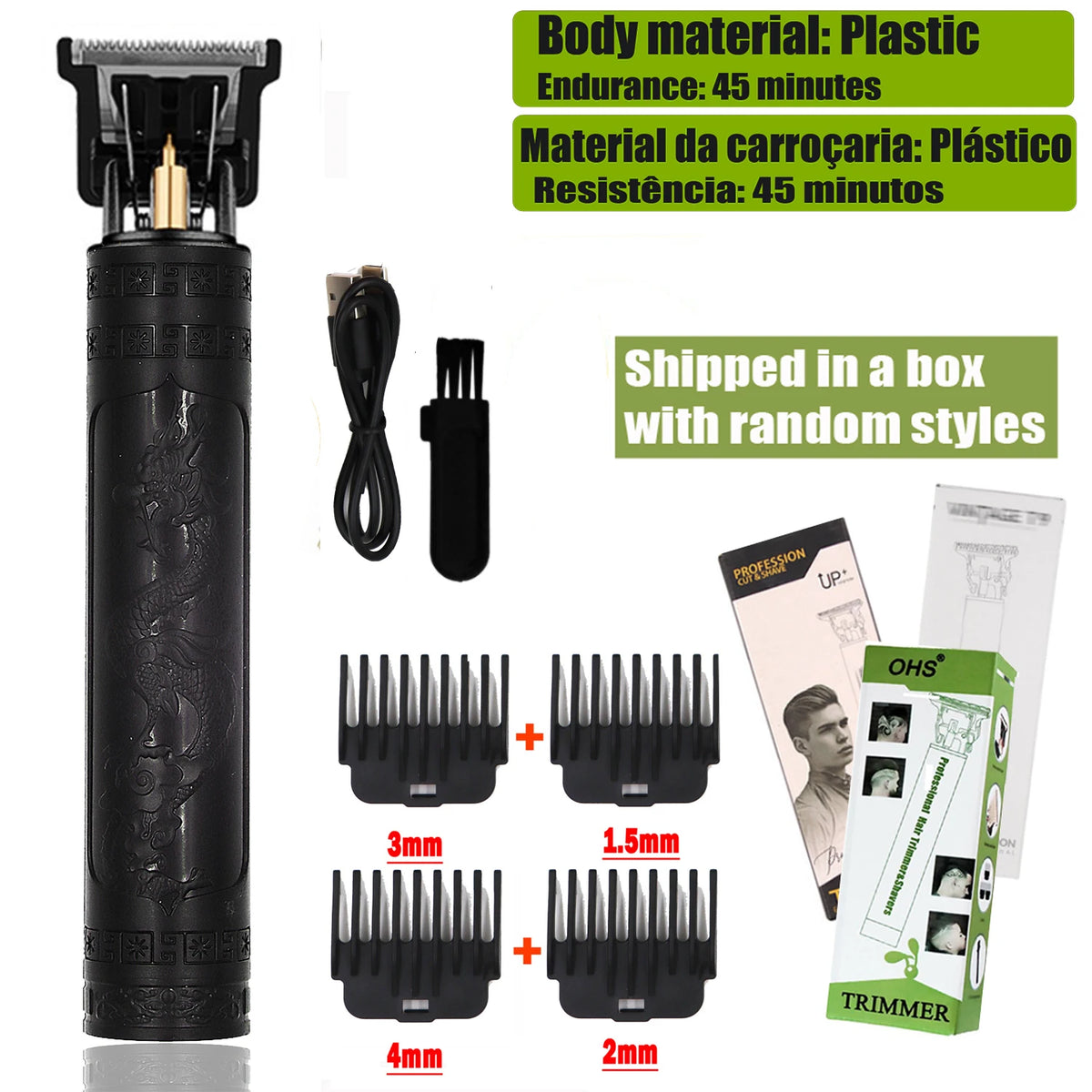 Black cordless electric hair shaver trimmer with various guard attachments shown in a box