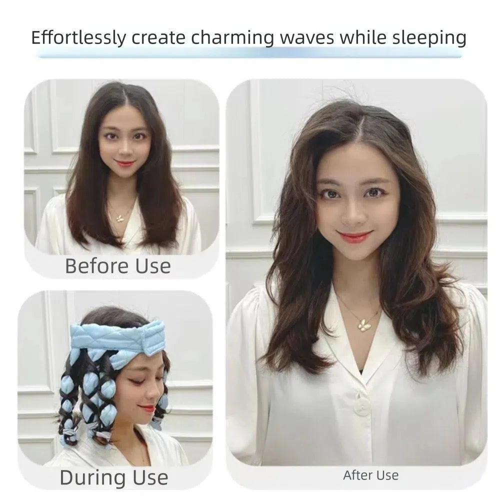 A woman demonstrates using removable heatless hair curlers for overnight styling, showing before and after results.