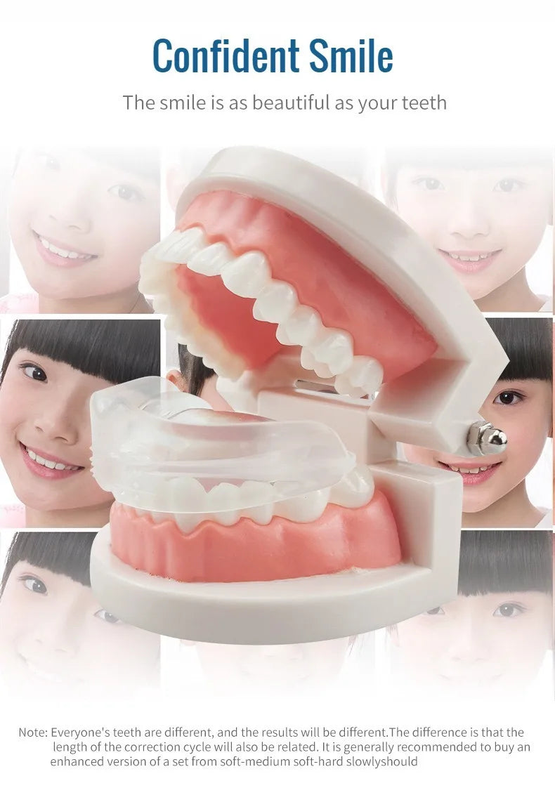 A silicone dental alignment trainer showing a pink dental model and clear aligners for correcting teeth alignment.