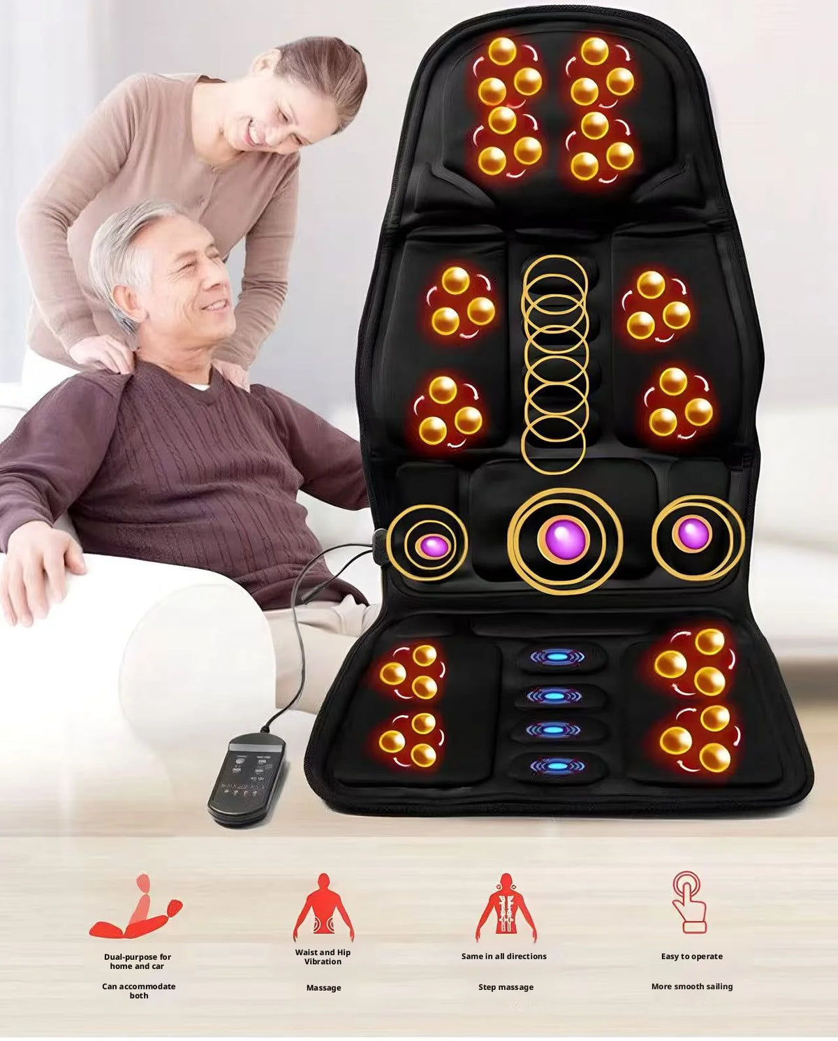 A black electric massage cushion is shown with a man and woman using it, demonstrating its dual-purpose features.