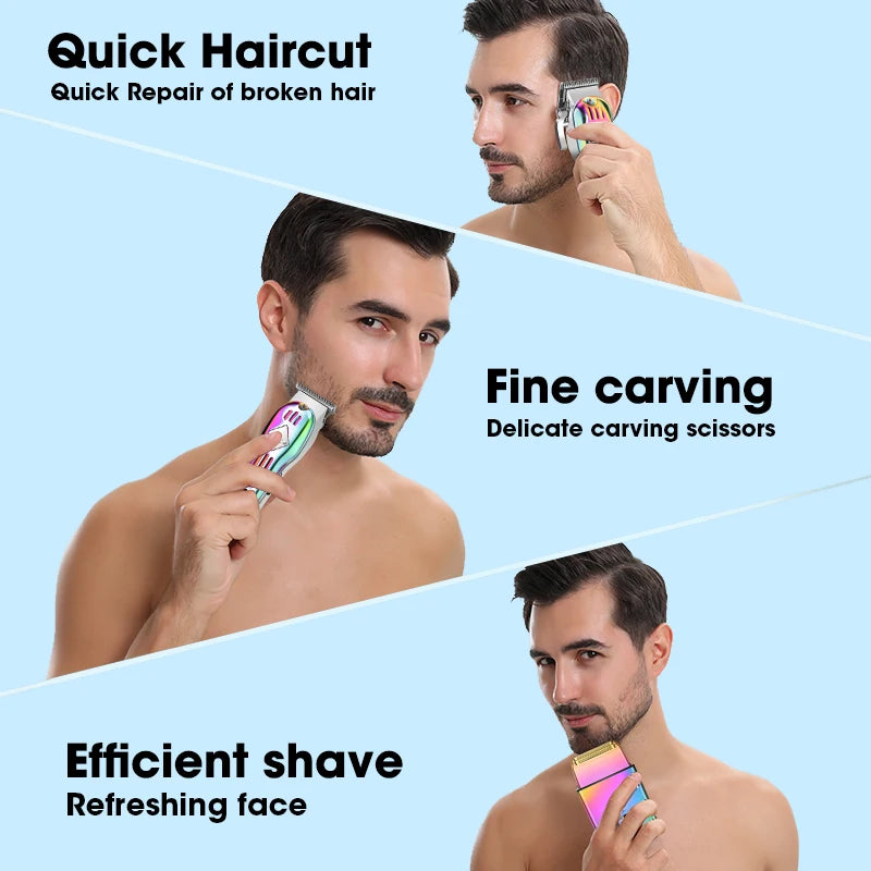 A collage showing a man using a device for quick haircut, fine carving, and efficient shaving on his face.