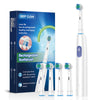 A box and white electric rechargeable toothbrush with blue accents shown next to it.