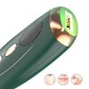 A close-up view of a green electric epilator device with a green and white cap, next to three circular close-ups of skin.
