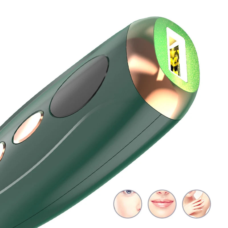 A close-up view of a green electric epilator device with a green and white cap, next to three circular close-ups of skin.