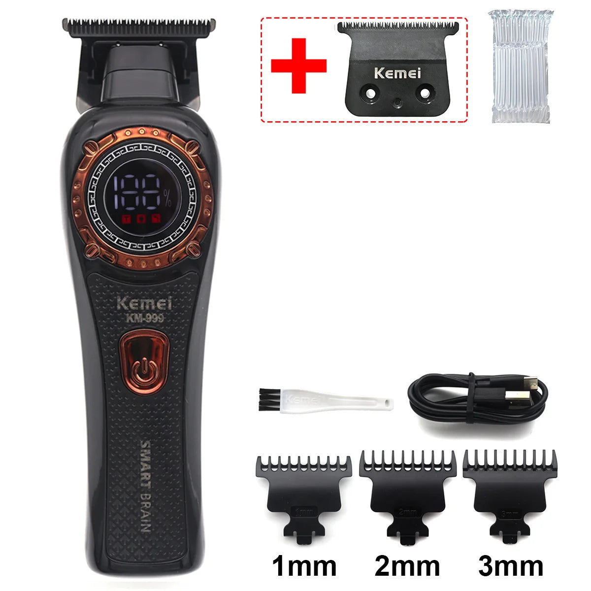 A black Kemei Smart Brain cordless hair trimmer with various guard attachments.