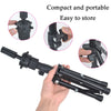 A black adjustable wig stand tripod with a stable base shown in various components and assembled form.