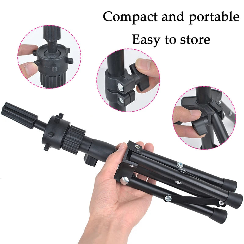 A black adjustable wig stand tripod with a stable base shown in various components and assembled form.