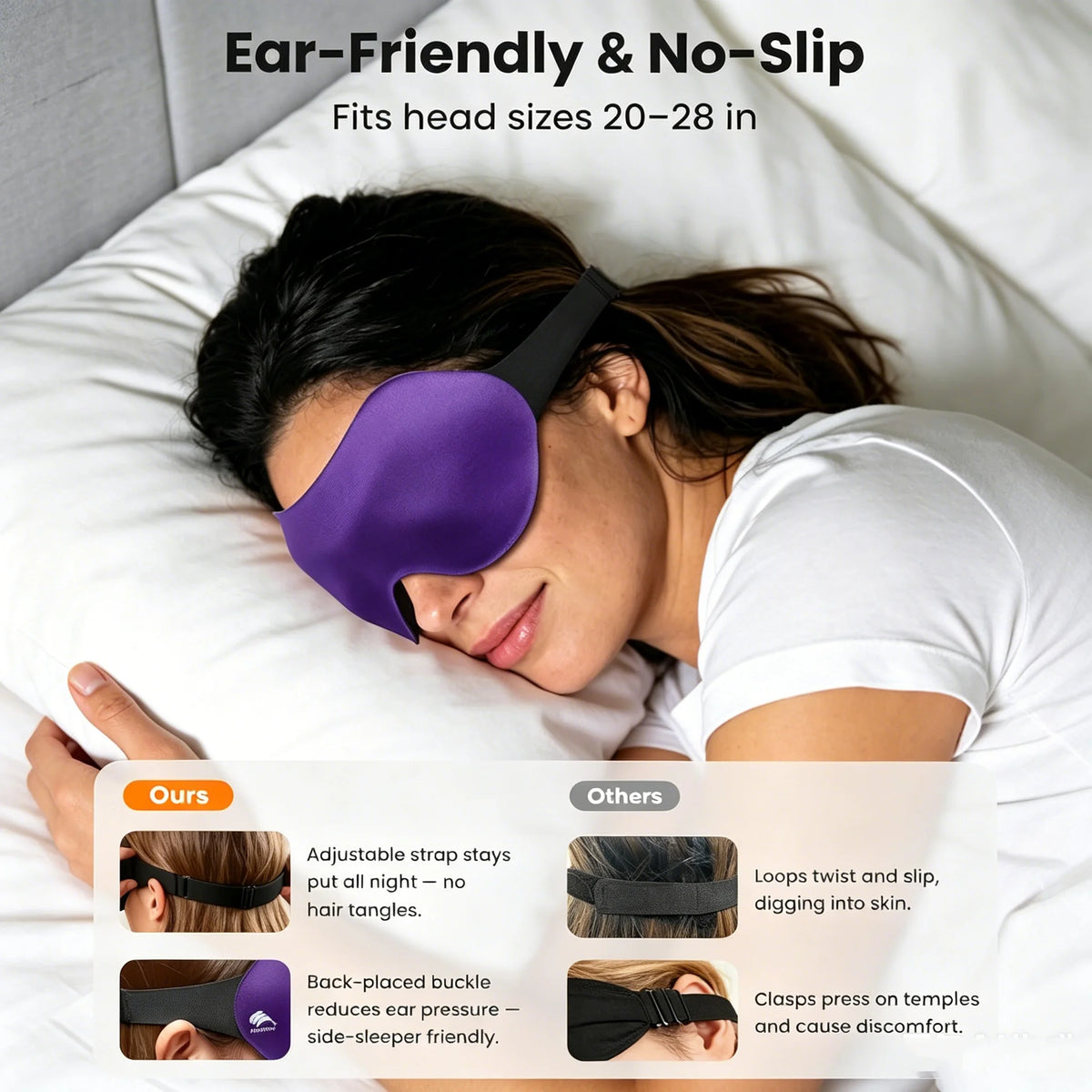 Une femme porte un masque de sommeil violet, confortable et antidérapant, posée sur un oreiller blanc.