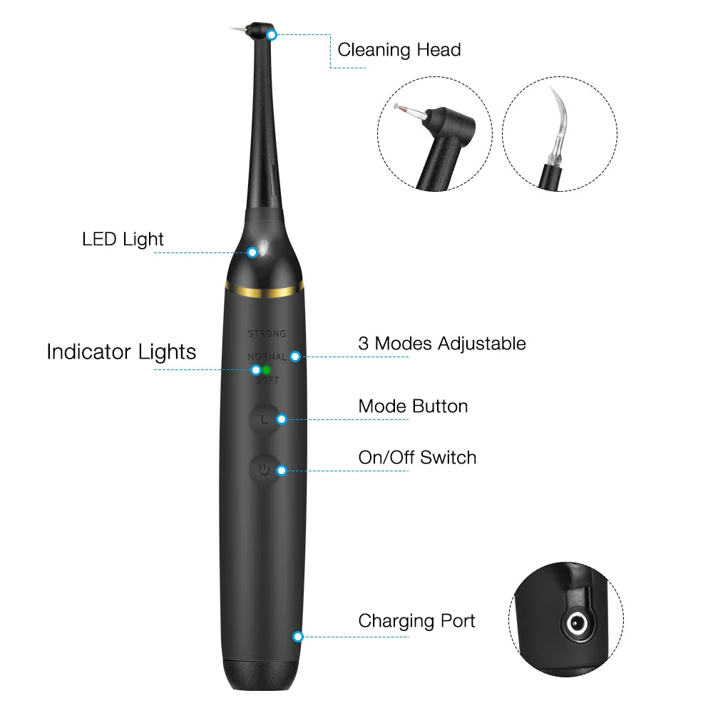 A black electric sonic dental scaler with various features like LED light, indicator lights, mode button, on/off switch, and 