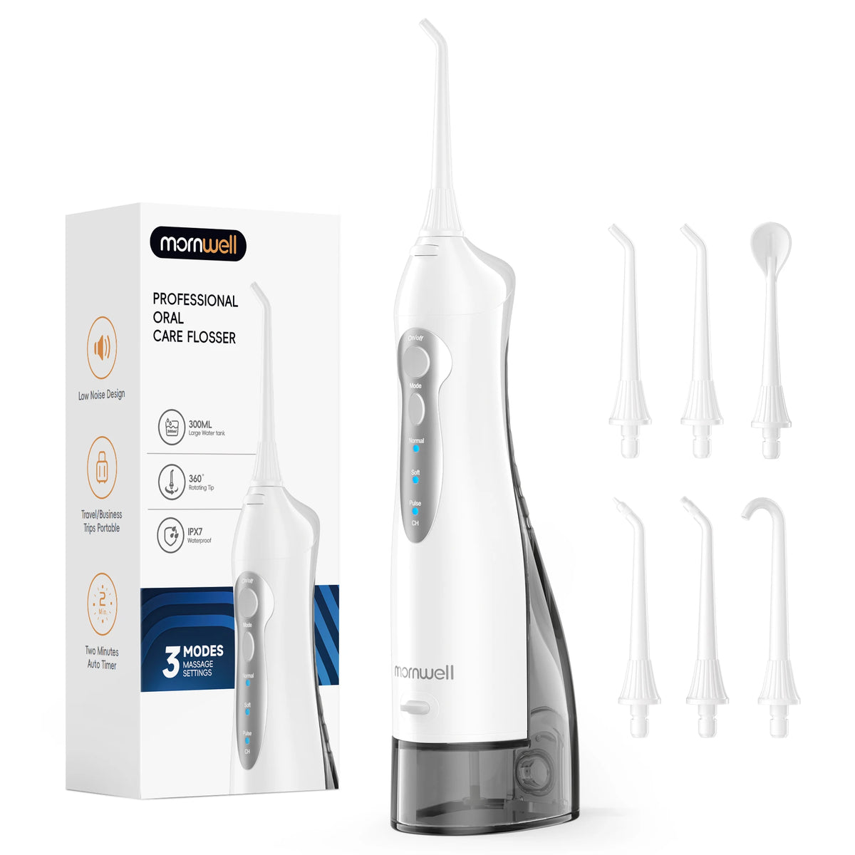 A white portable USB rechargeable water flosser for oral hygiene shown with various tips.