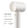 A white professional high-speed hair dryer with controls for two airflow speeds and four temperature levels is shown.