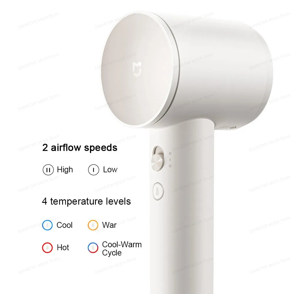 A white professional high-speed hair dryer with controls for two airflow speeds and four temperature levels is shown.