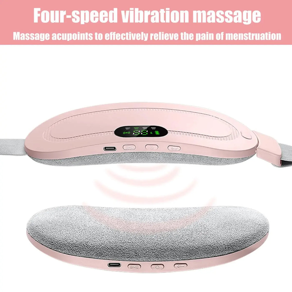 A pink four-speed vibration massage device shown in two views, including the main unit and a separate massage pad.