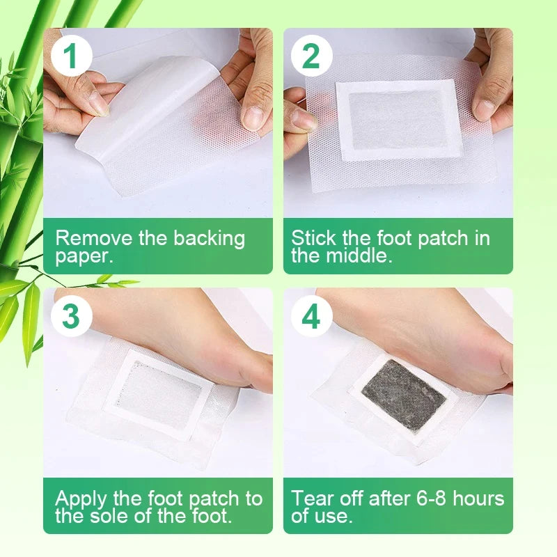 Instructions showing how to apply detox foot patches for stress relief and detoxification.