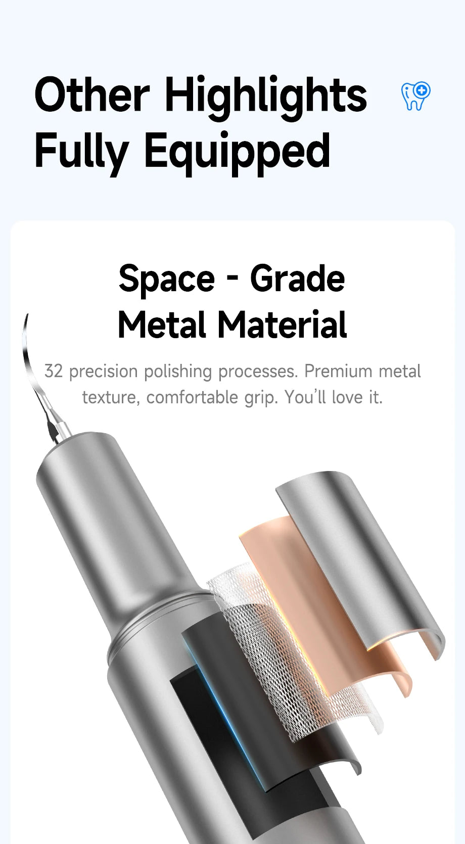 Close-up of a silver ultrasonic electric dental cleaner tip with a textured metal surface.